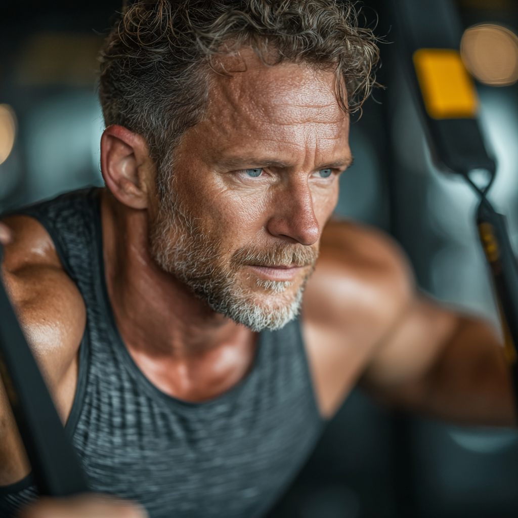 Confident middle-aged man performing functional training exercises in modern gym environment